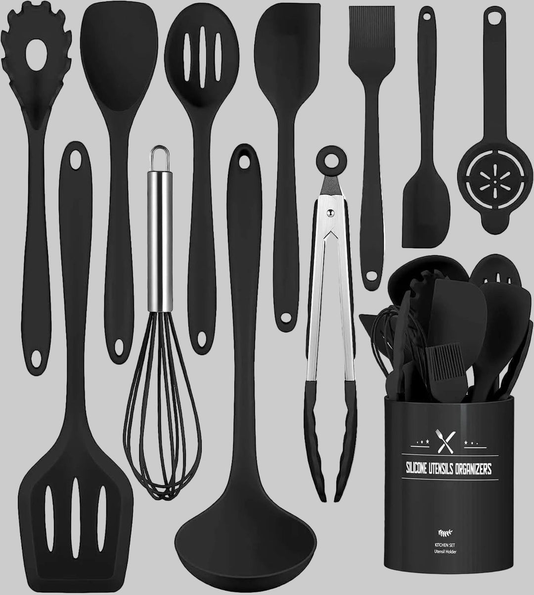Assorted silicone set cooking tools designed to protect non-stick cookware