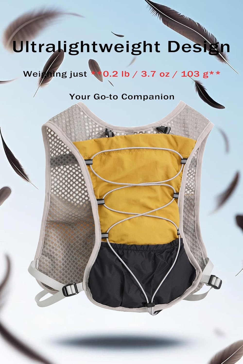 Multiple storage tiers on ultra-light marathon hydration vest