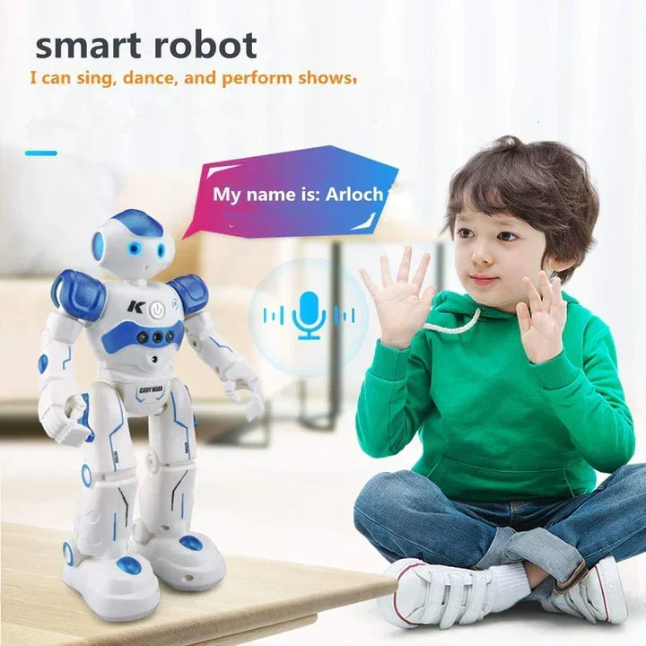 Smart interactive robot toy showing front view with LED eyes and speaker design