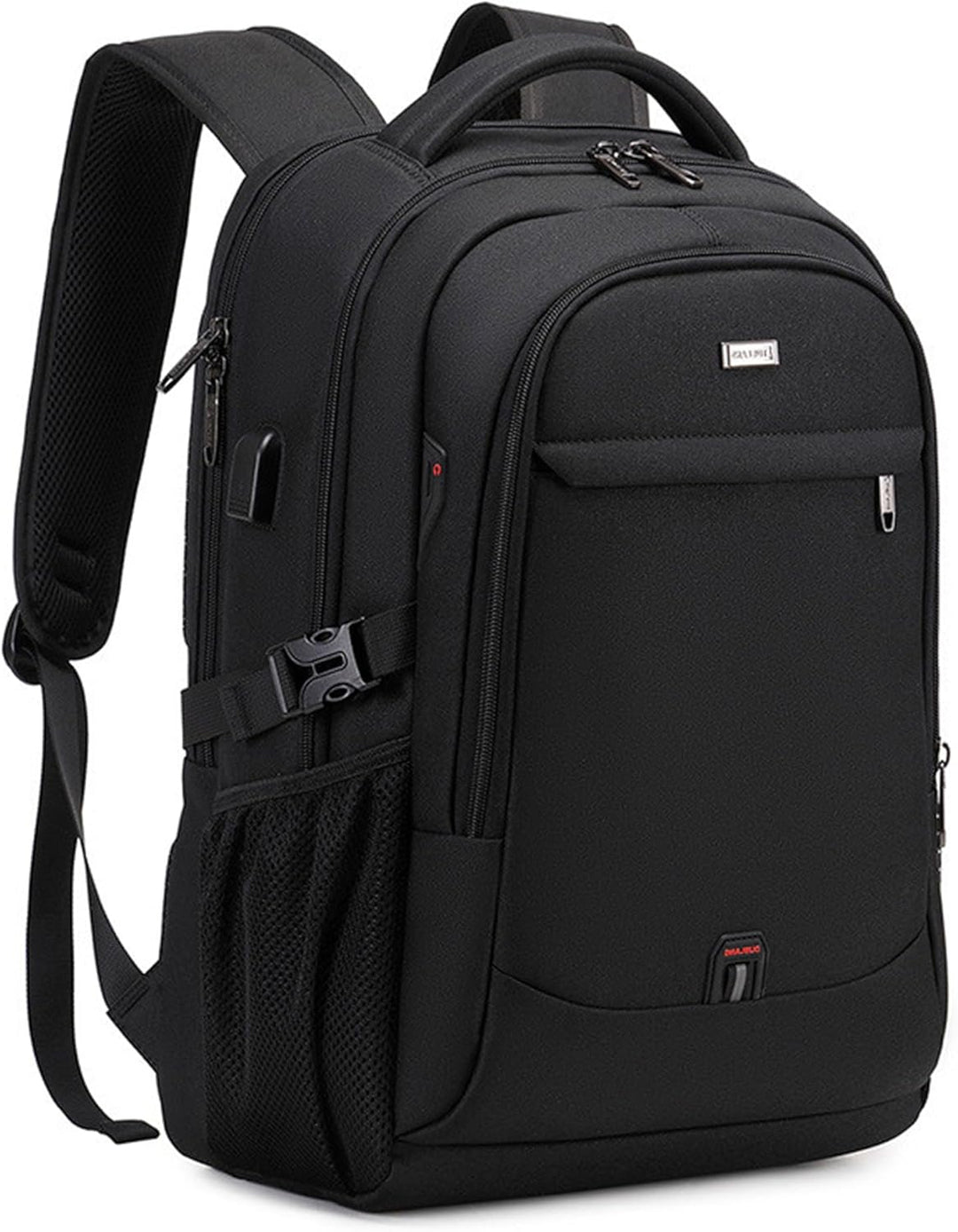 Front view of the black water-resistant laptop and travel backpack