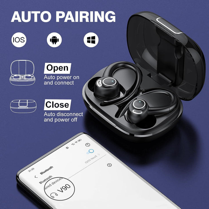 Wireless earbuds pairing automatically with a smartphone next to the open charging case