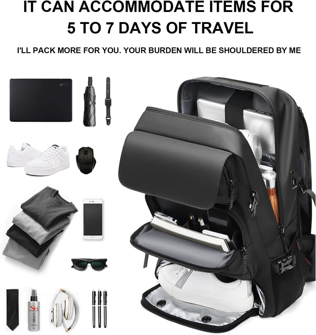 Waterproof 50L travel backpack with dedicated shoe compartment and luggage straps for men and women