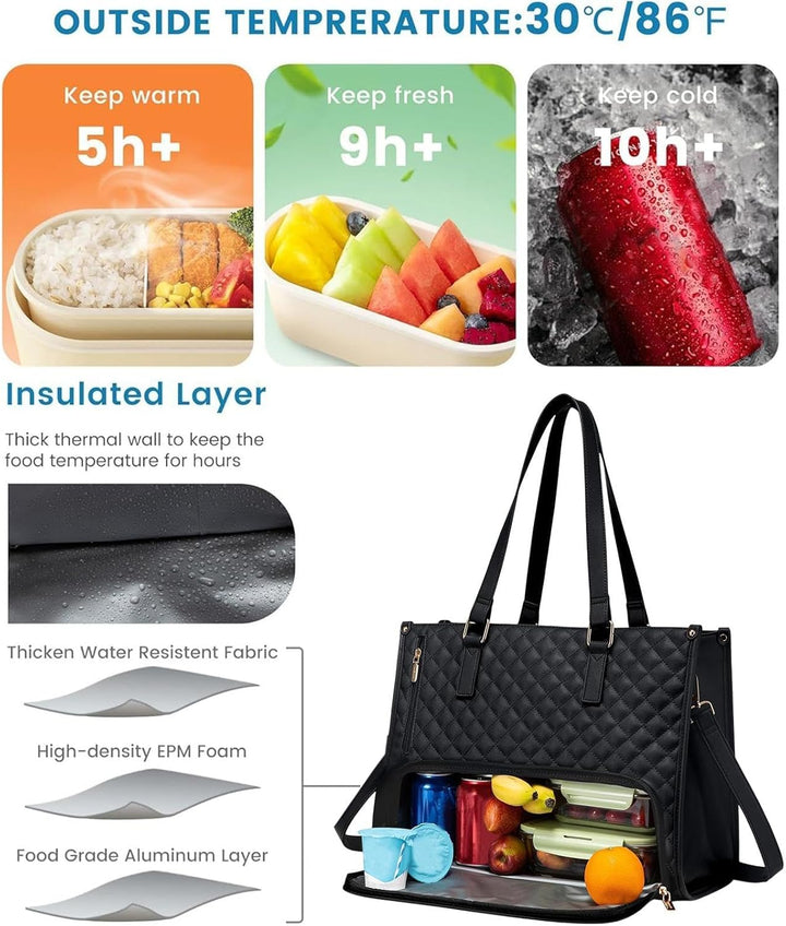 Infographic detailing thermal performance hours and multi-layer insulation construction of the tote.
