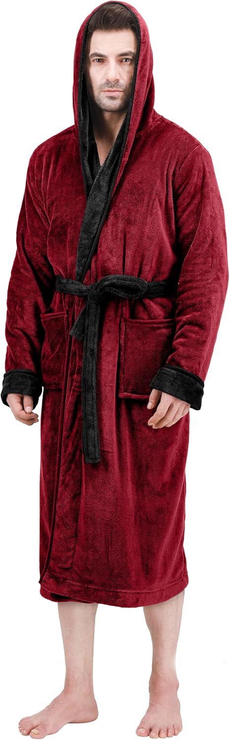 Man wearing a plush red hooded dressing gown with a black waist tie and cuffs, front view