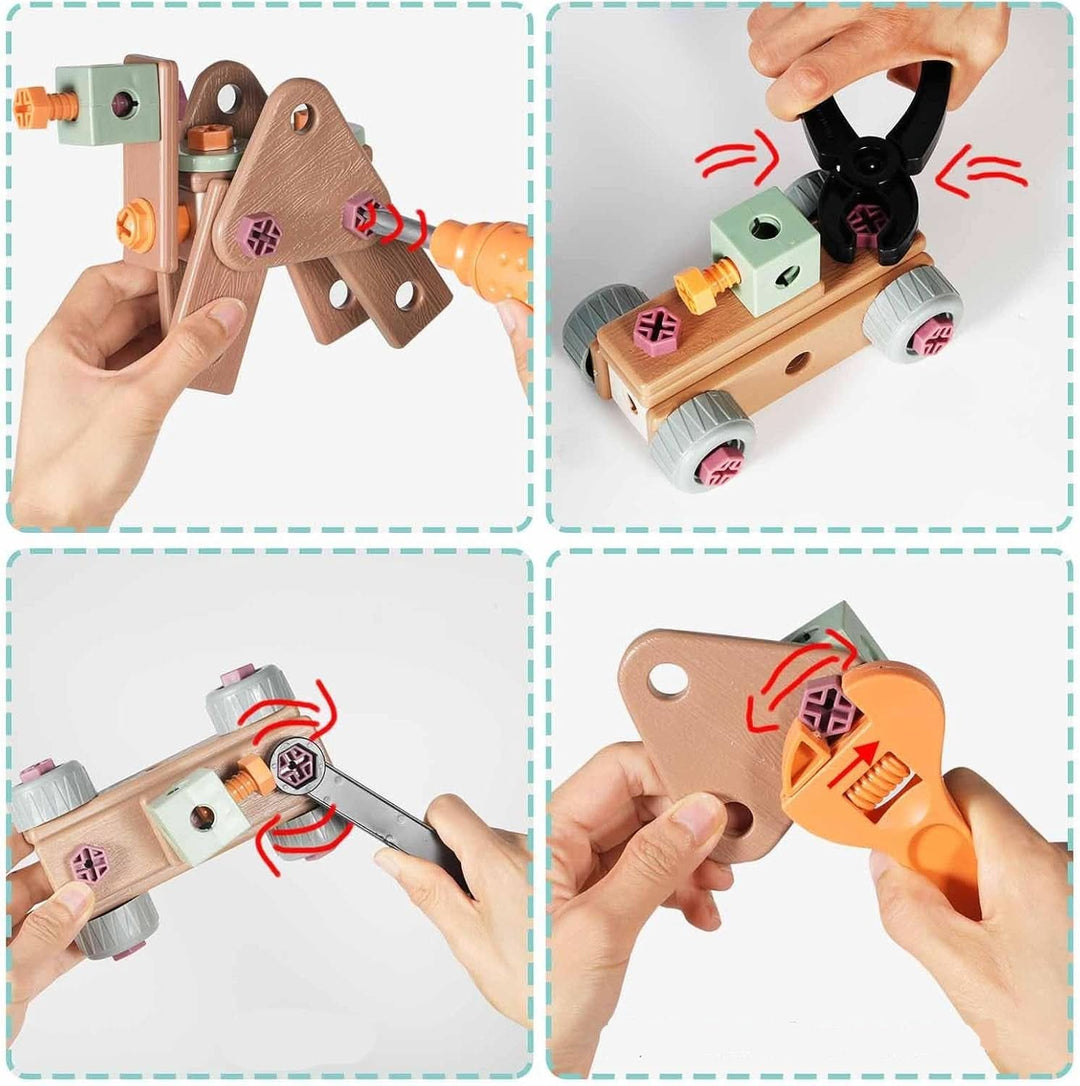 Kids creative tool set with colorful building blocks and educational DIY kit pieces