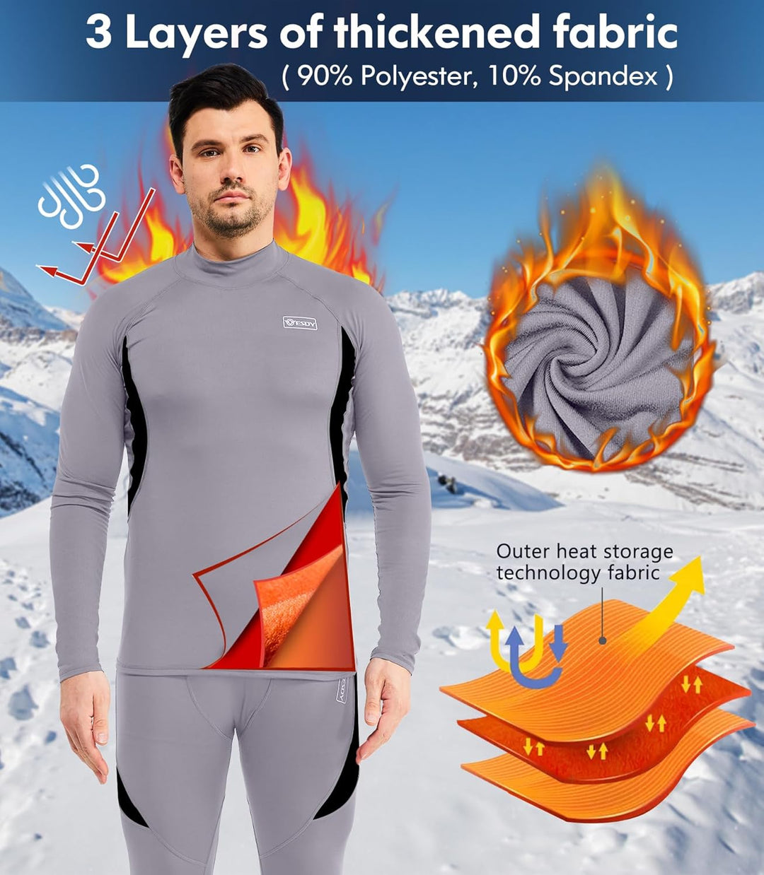 Man wearing grey thermal base layer top and trousers against snowy mountain backdrop
