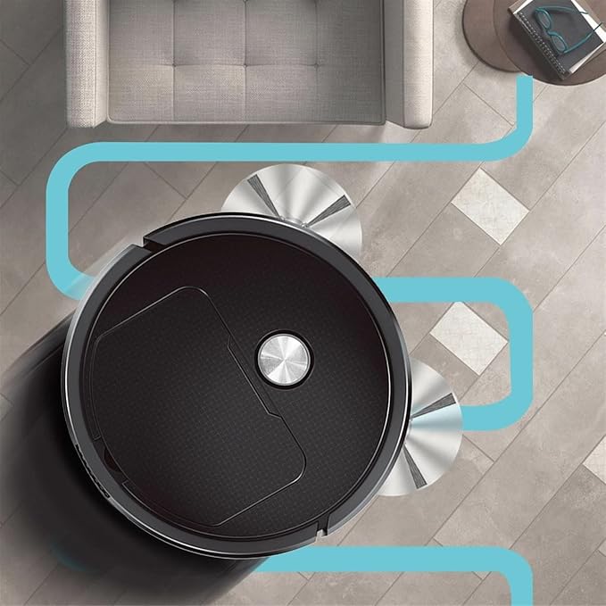 Home cleaning robot vacuum transitioning smoothly from hardwood floor to a low-pile area rug