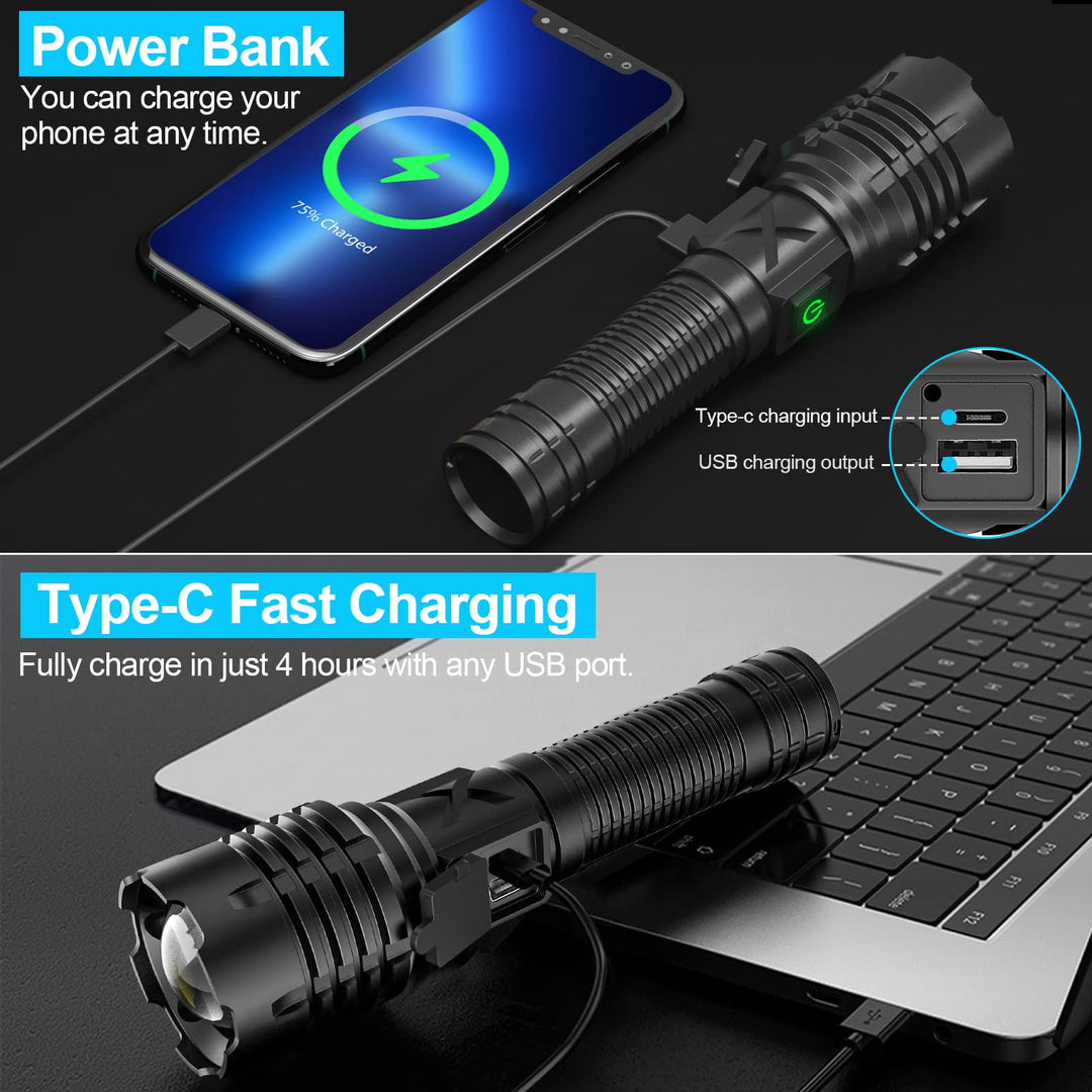 Torch charging a mobile phone and connected via Type-C cable