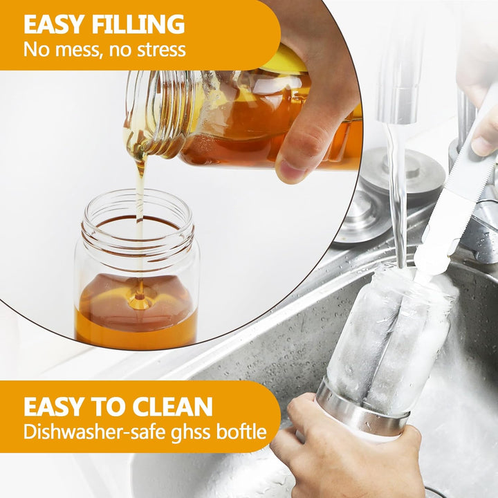 Refilling and cleaning the glass syrup container at the kitchen sink