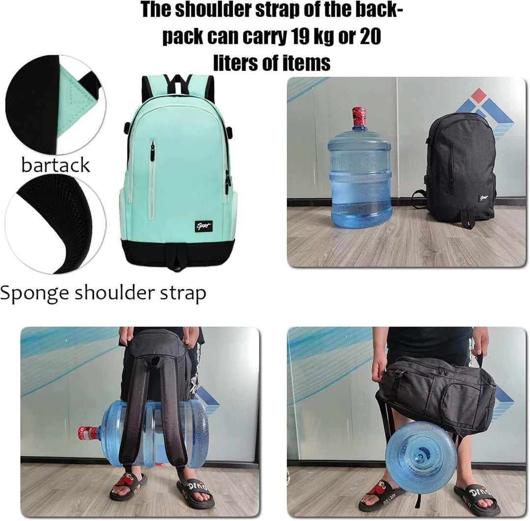 Organizer laptop backpack front pocket open displaying multiple storage slots and pens