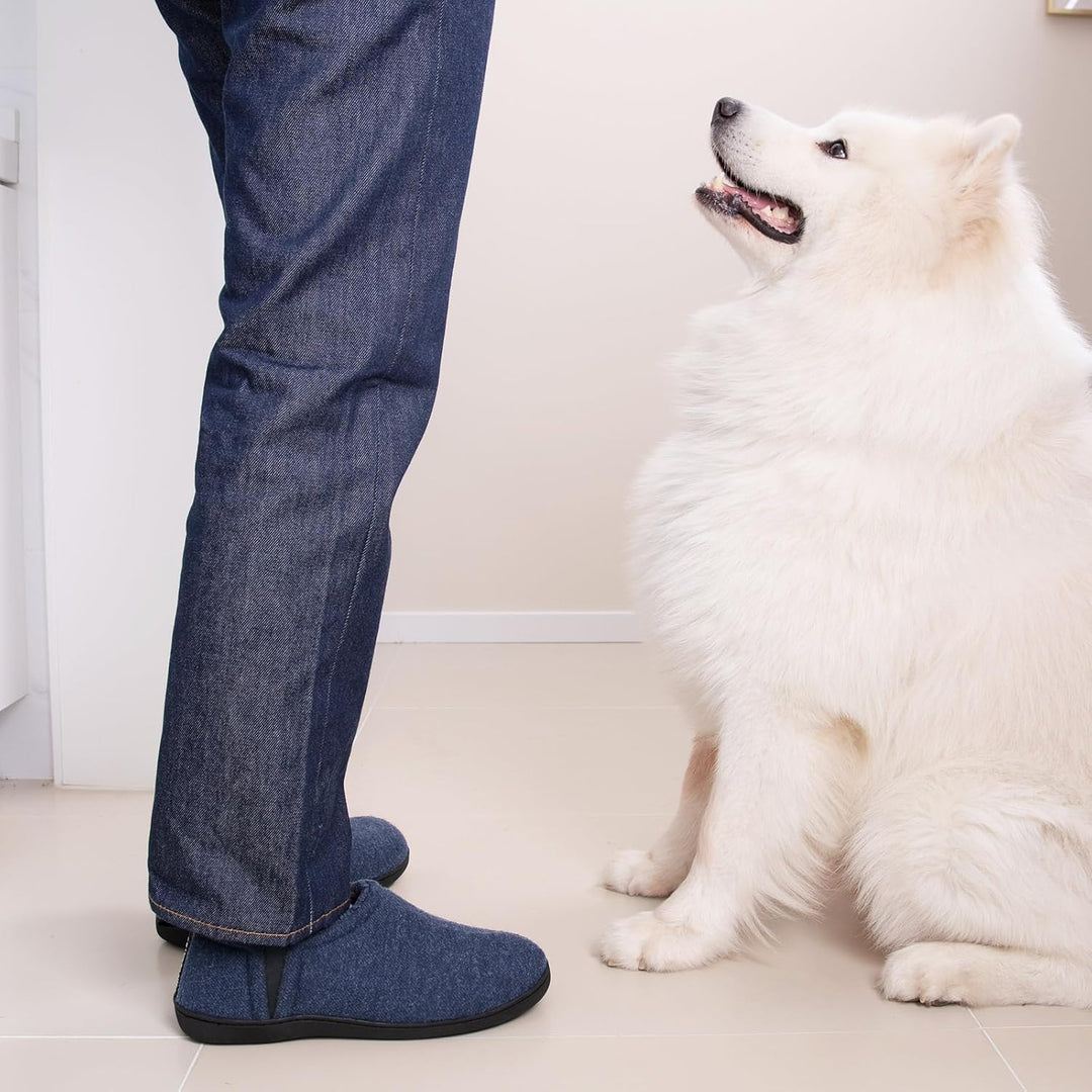 Man wearing warm winter slippers standing indoors with white dog