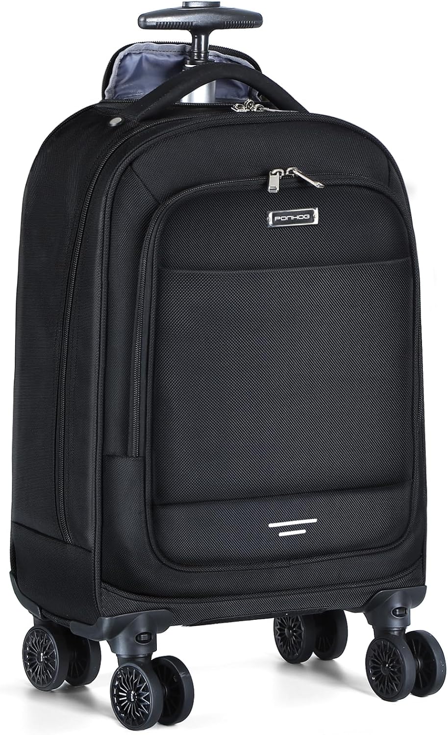 Front view of black 30L rolling laptop backpack showing spinner wheels and telescopic handle