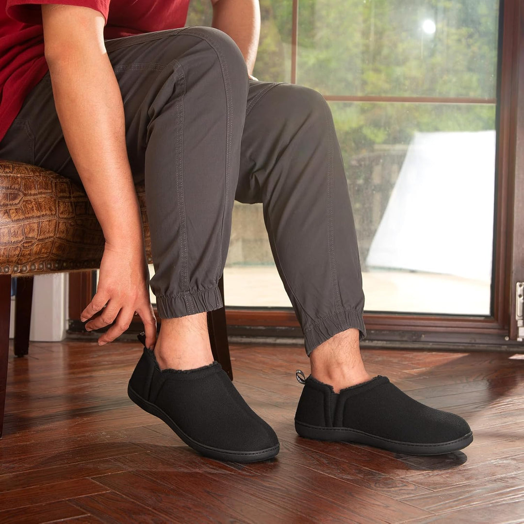 Warm indoor slip-ons for men featuring moisture-wicking lining