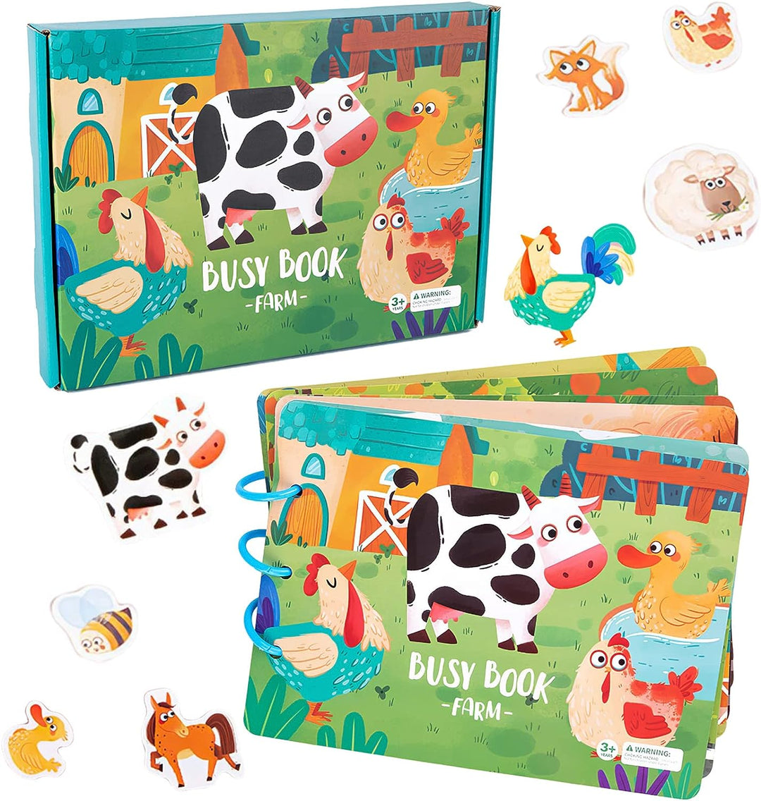 Montessori Farm busy book open with matching animal pieces and storage box