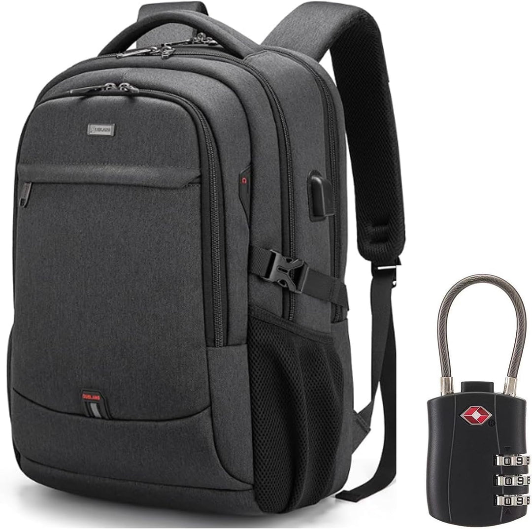 Dark Grey travel laptop backpack paired with a TSA lock