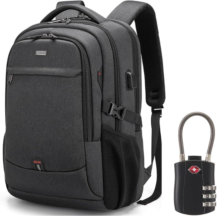 Dark Grey travel laptop backpack paired with a TSA lock
