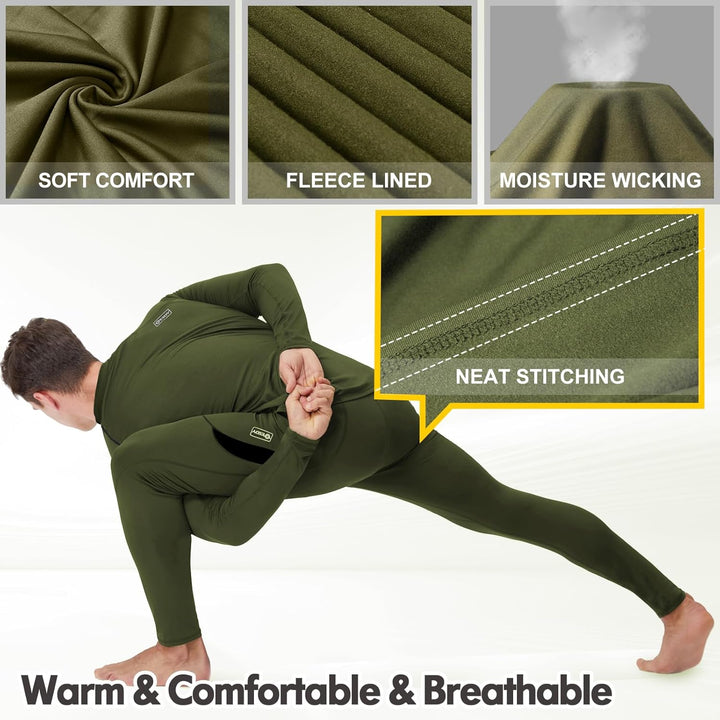 Mens thermal underwear set worn by male model outdoors