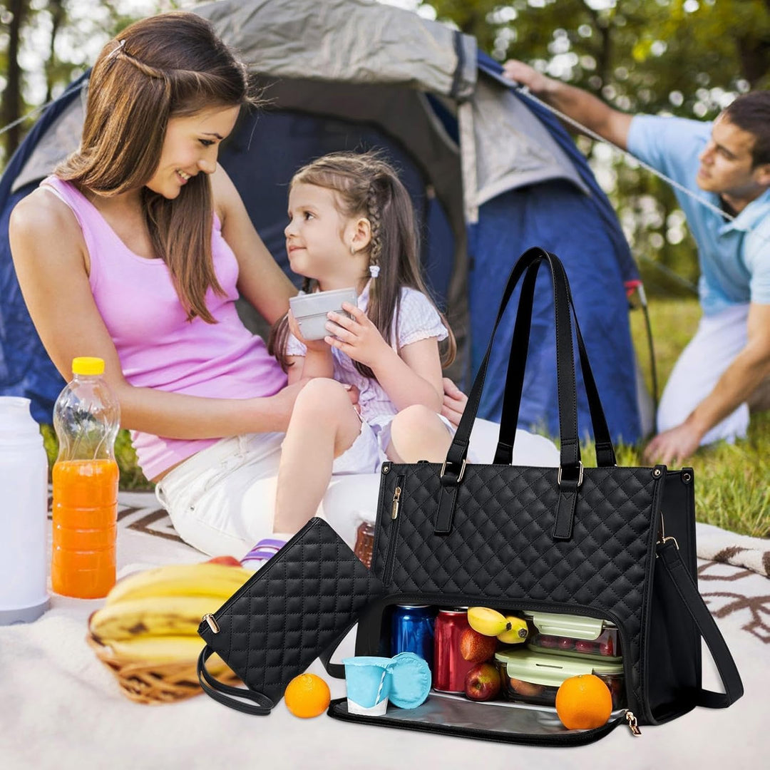 Lifestyle view of a family enjoying a picnic with the insulated lunch tote bag placed outdoors.