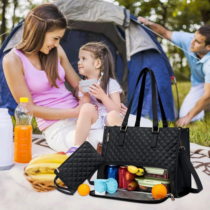 Lifestyle view of a family enjoying a picnic with the insulated lunch tote bag placed outdoors.