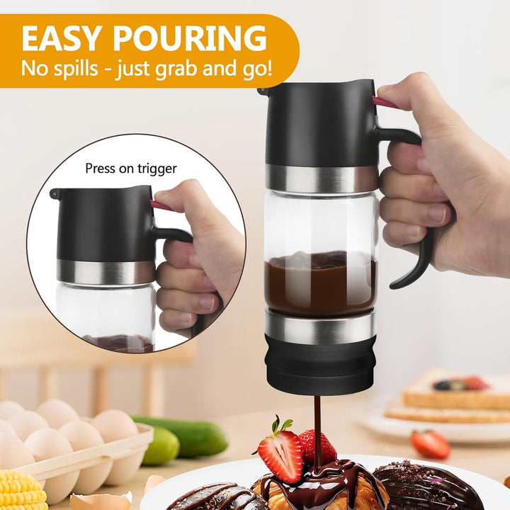 Dispenser pouring chocolate syrup with trigger mechanism close-up