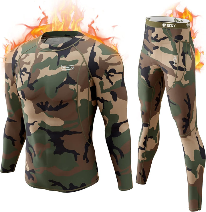 Mens thermal underwear set displayed in a lifestyle setting