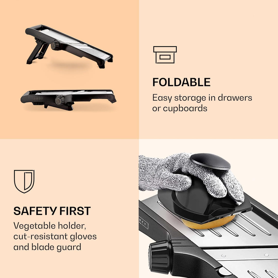 Foldable design and safety guard features for the mandoline slicer