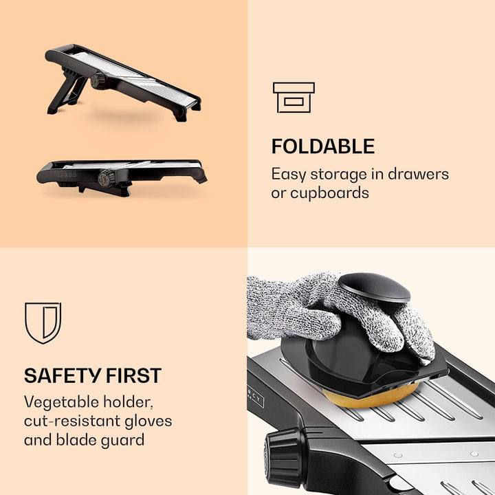 Foldable design and safety guard features for the mandoline slicer