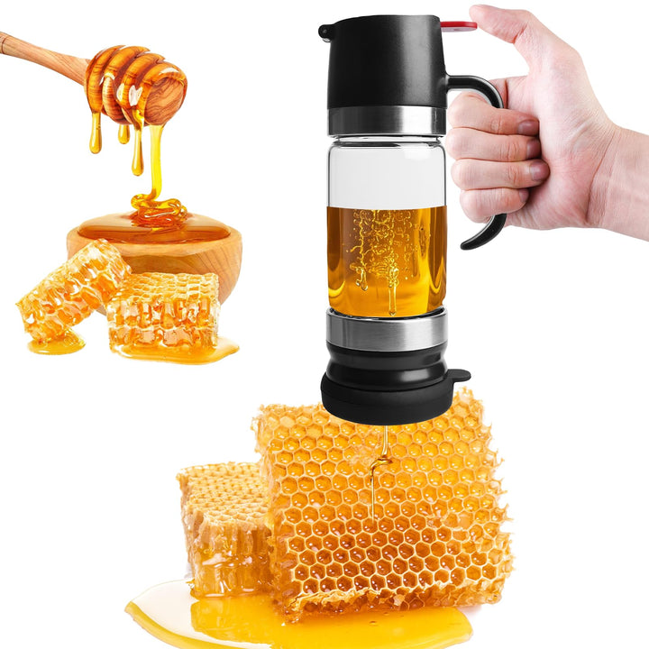 Kitchen syrup dispenser showing the leak-proof bottom release mechanism and stand
