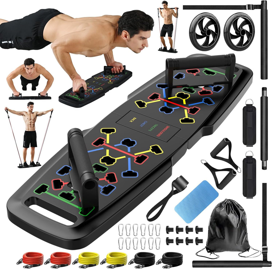 Complete home fitness set components laid out including push-up board and resistance accessories