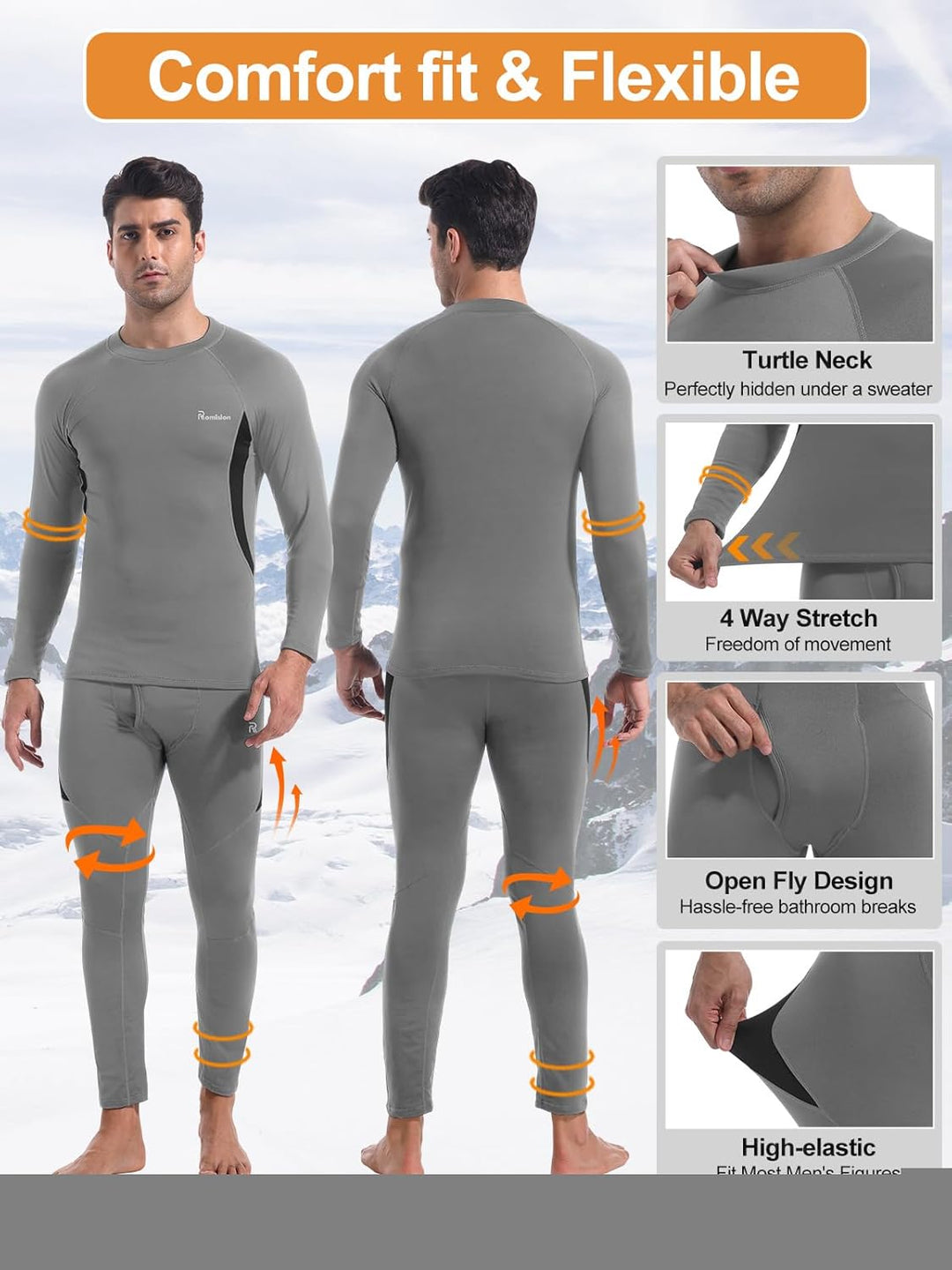 Thermal bottoms worn with winter boots and outdoor gear
