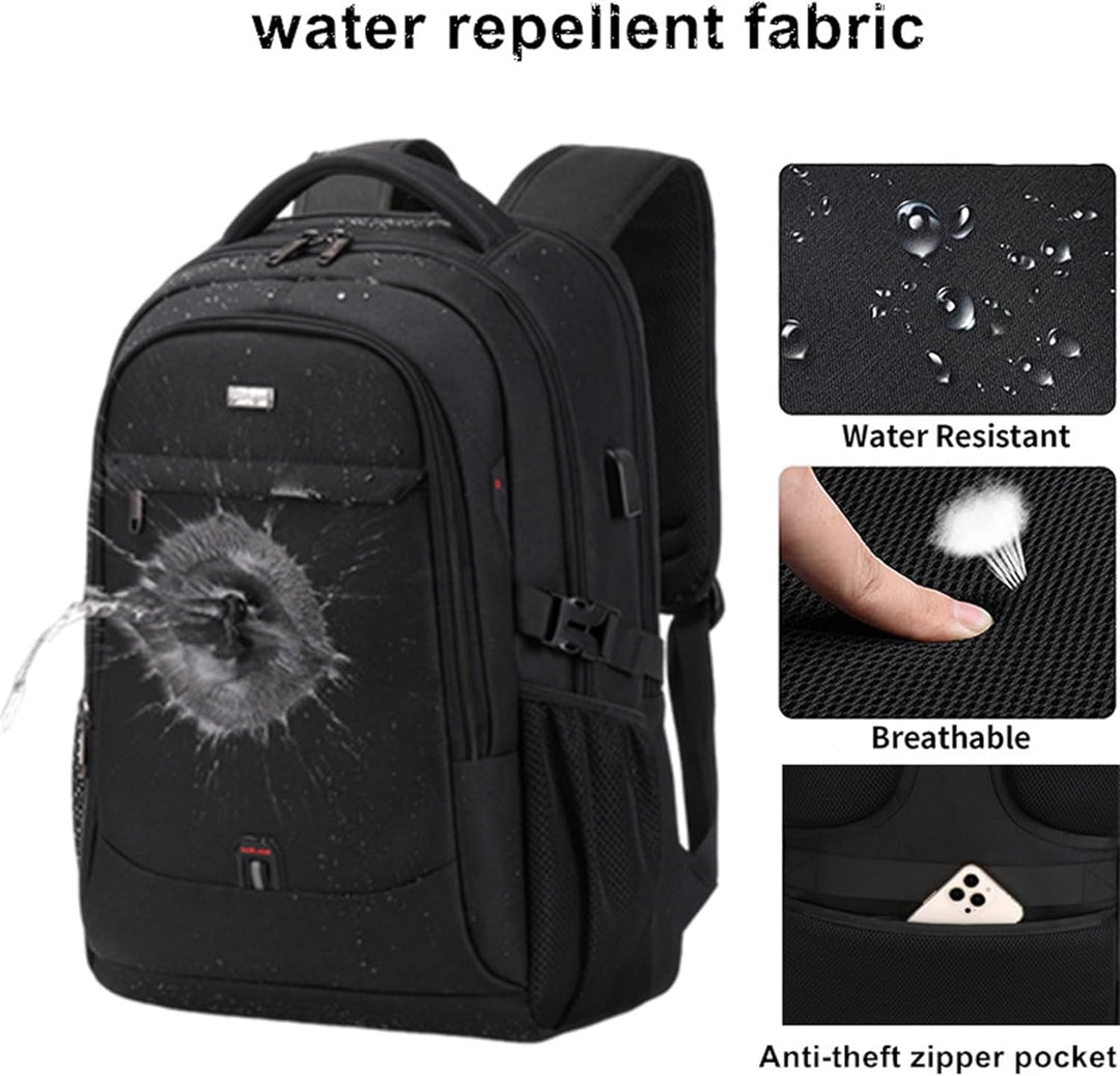 Unisex water-resistant travel backpack showing organized laptop compartments and pockets