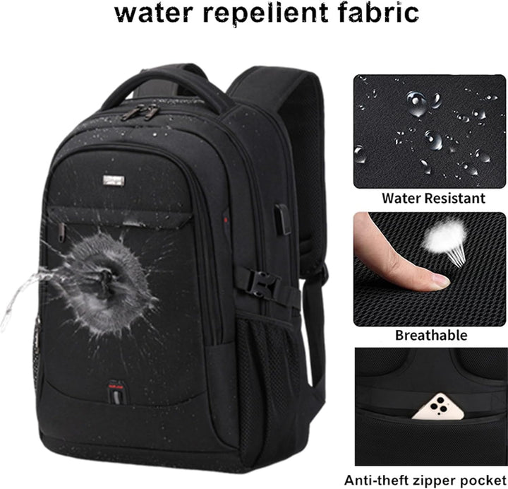 Unisex water-resistant travel backpack showing organized laptop compartments and pockets