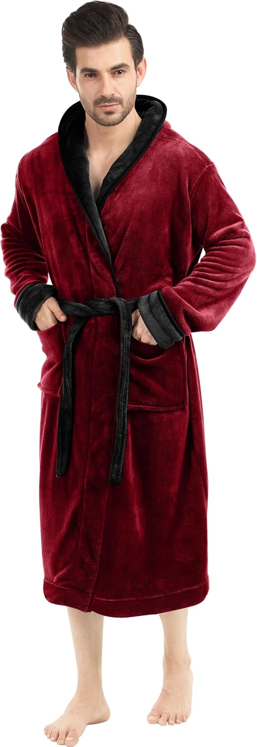 Man relaxing in a cozy red hooded bathrobe with deep pockets, front profile view