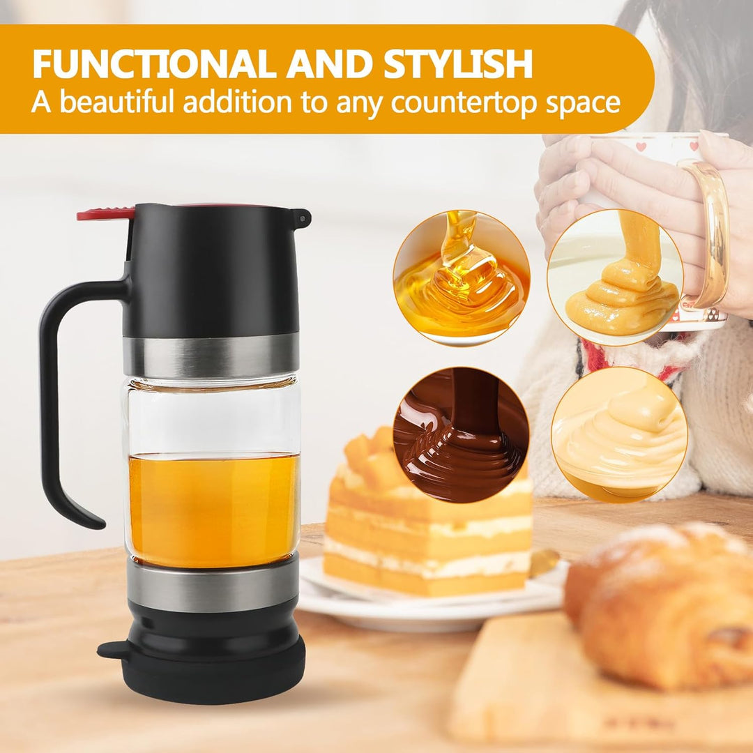 Glass honey dispenser with trigger handle for drip-free pouring on breakfast table