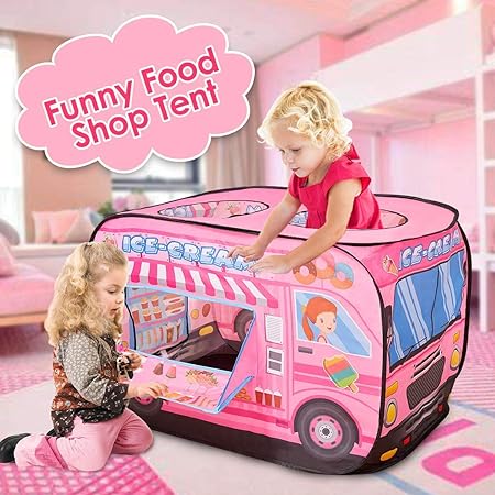 Toddler playing inside the pink Ice Cream Cart themed kids play tent