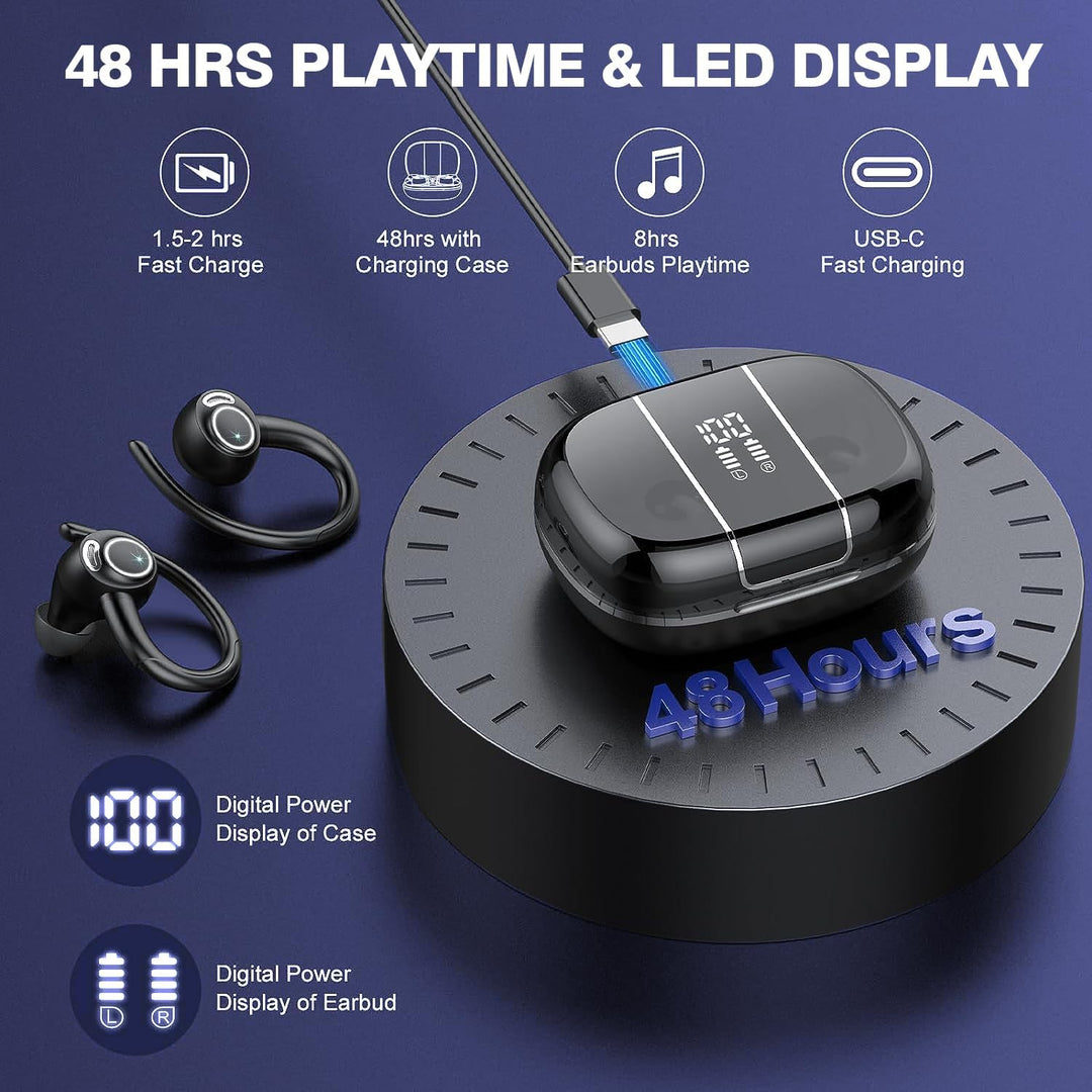 Waterproof bluetooth headphones displaying LED charging case and compact earbuds