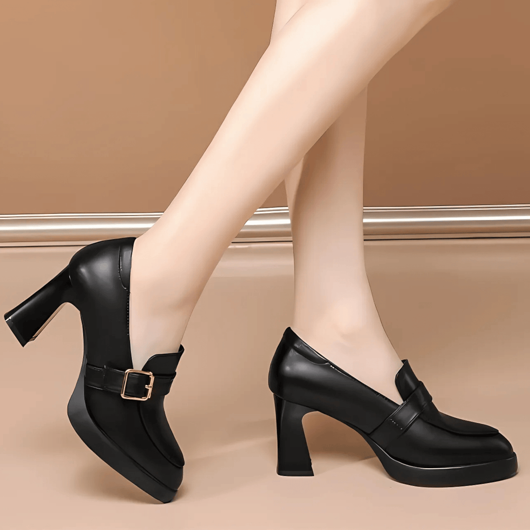 Side profile of elegant black orthopedic womens court shoes with arch support heels