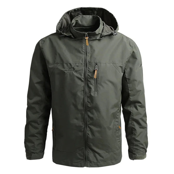 Men's waterproof windbreaker jacket showing zippered chest pocket and hood