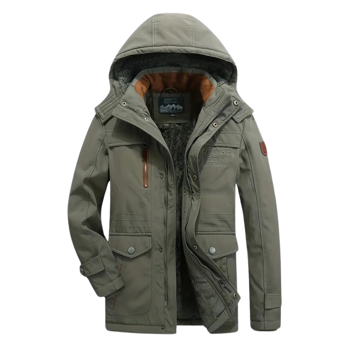 Close up of mens winter coat fabric highlighting waterproof and windproof technology