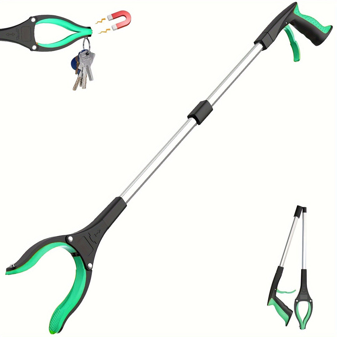 Close-up of green comfort grip reacher tool locking hinge