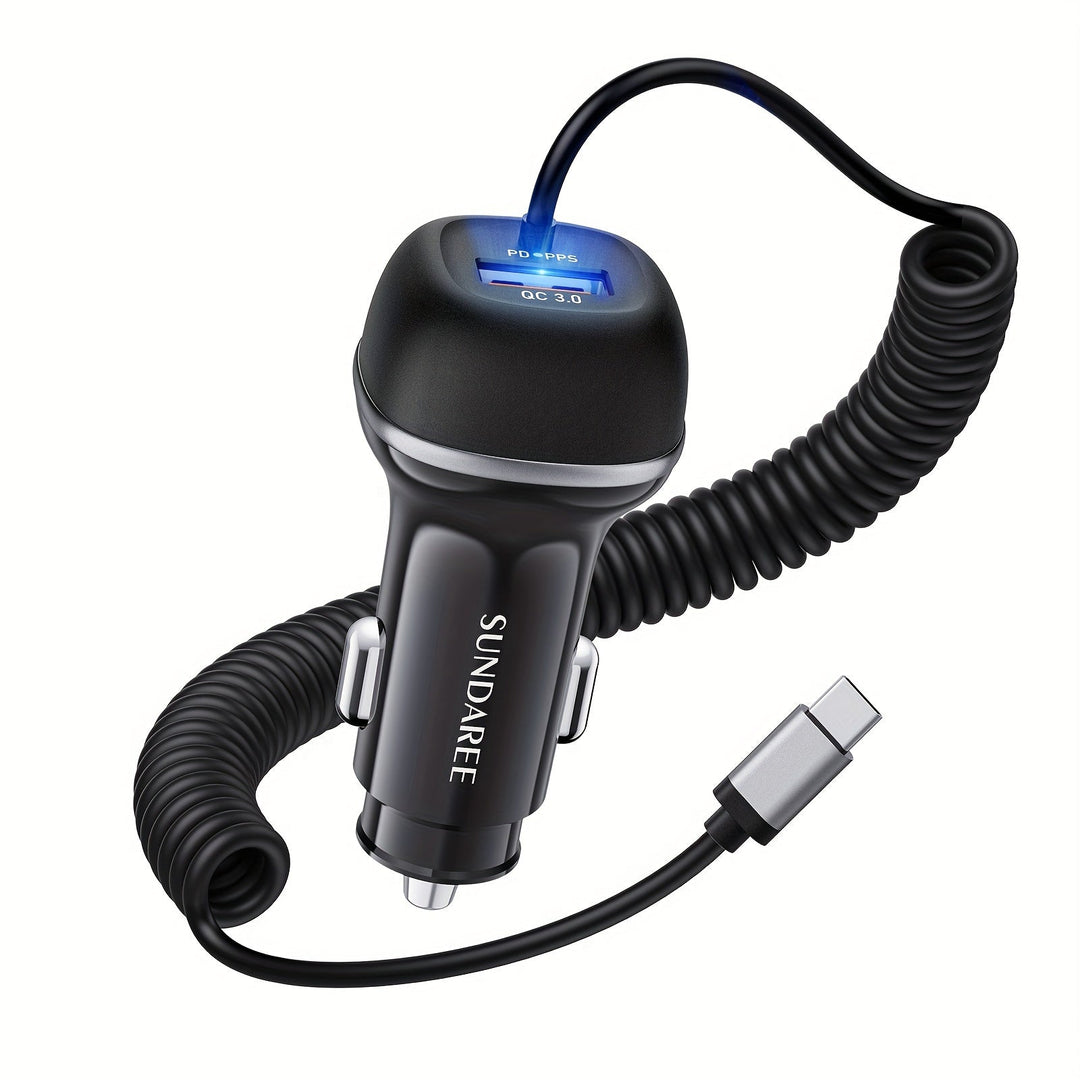 Universal 51W USB-C car charger with coiled cable