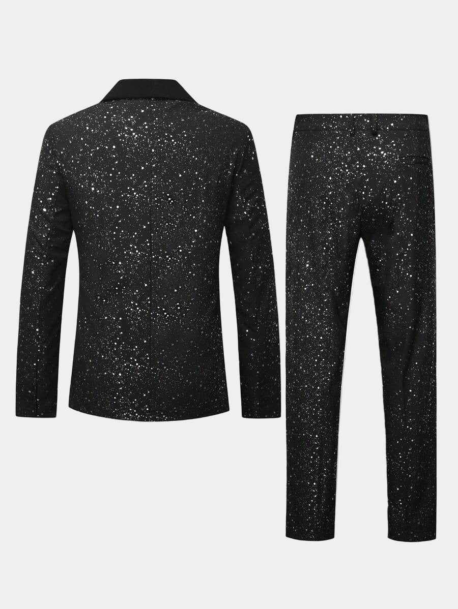 Close-up view of shimmering black glitter fabric on a mens party suit jacket