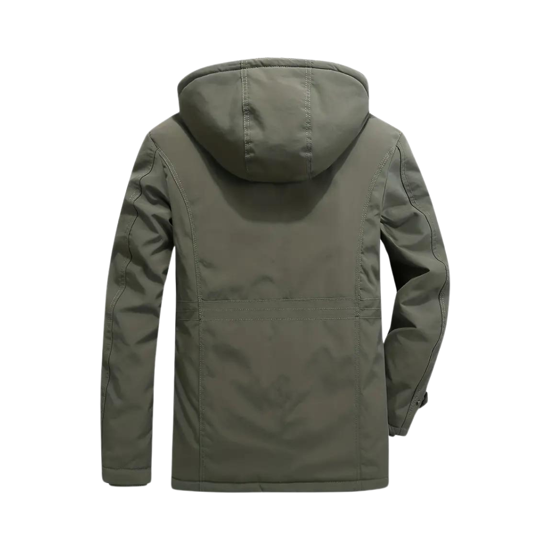 Back view of olive green men's outdoor jacket