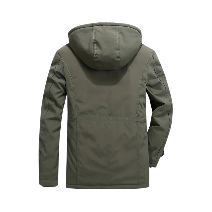 Back view of olive green men's outdoor jacket