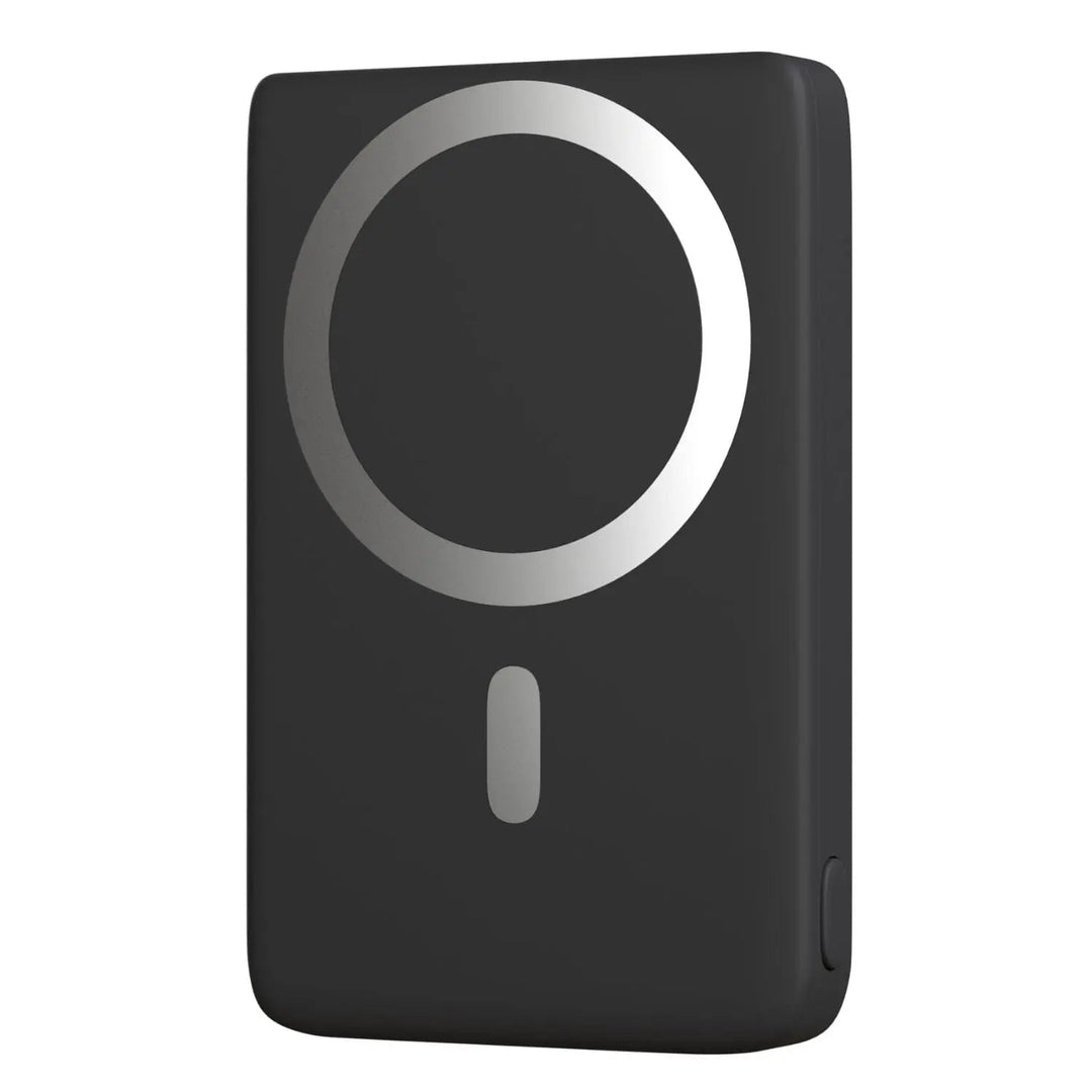 Front view of the black magnetic wireless power bank showing charging ring