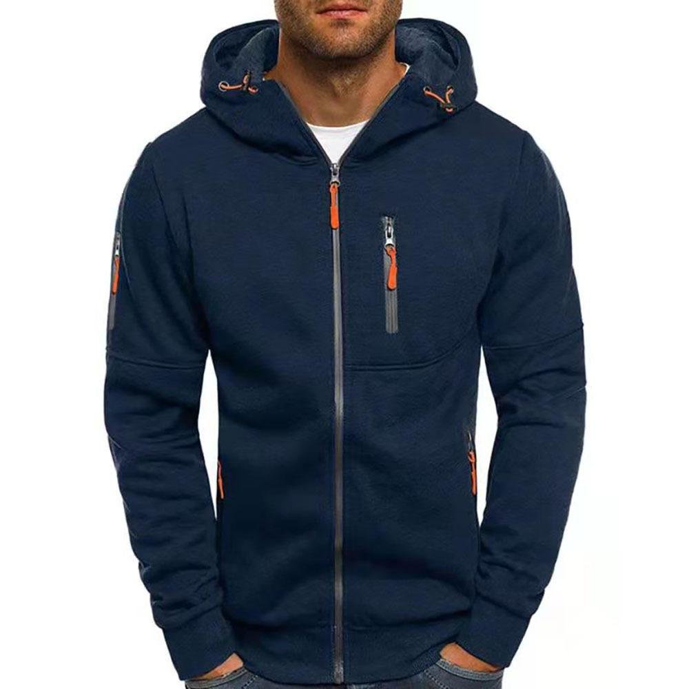 Man wearing a navy blue hooded zip-up sweatshirt jacket with contrasting drawstrings