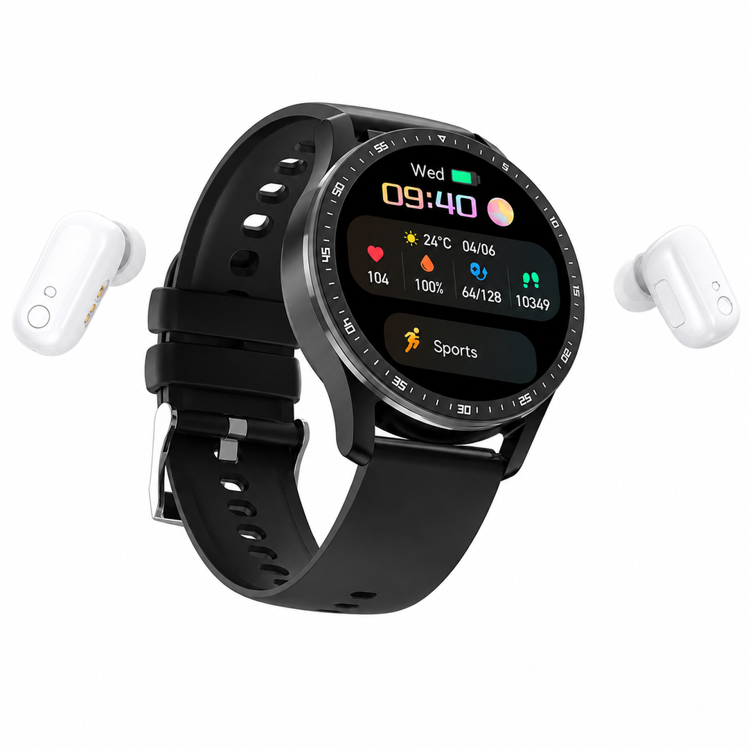 Black smartwatch displaying vibrant fitness dashboard with white earbuds floating nearby