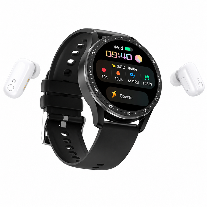 Black smartwatch displaying vibrant fitness dashboard with white earbuds floating nearby