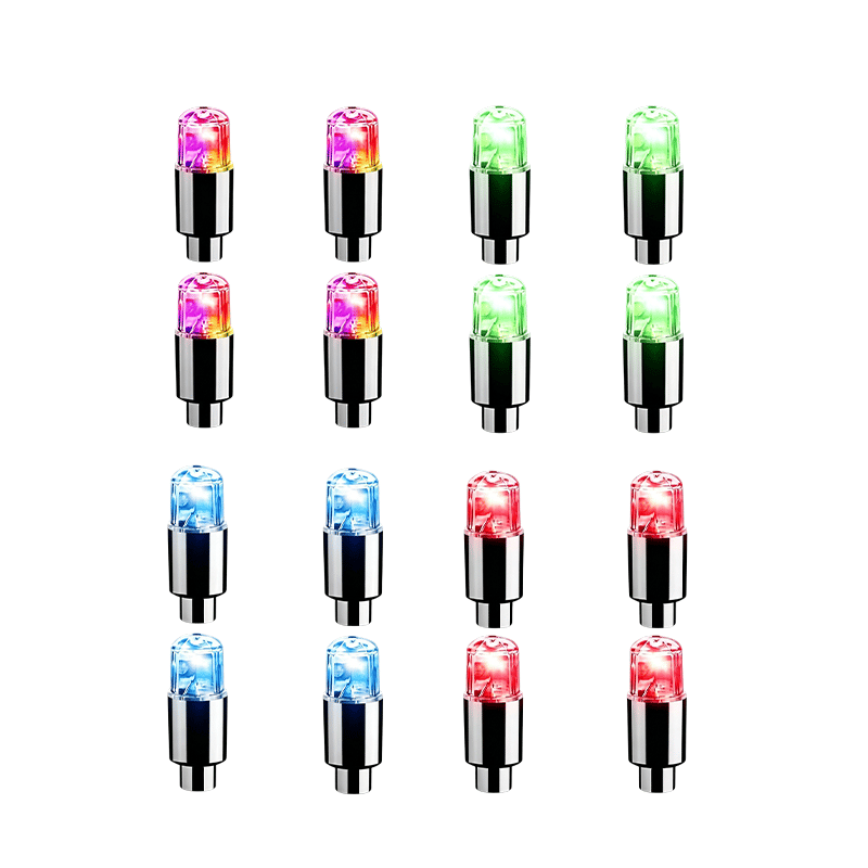 Multiple colorful LED tire valve cap lights arranged in a grid pattern