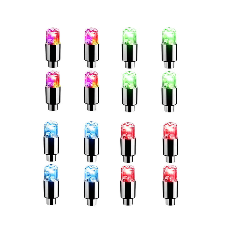 Multiple colorful LED tire valve cap lights arranged in a grid pattern